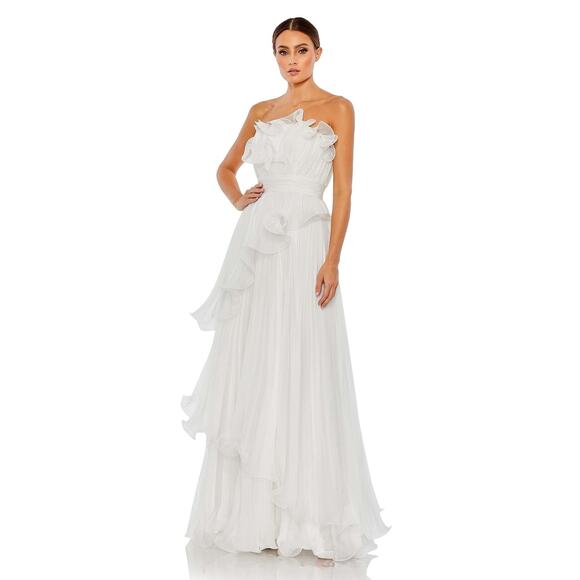 Mac Duggal 49537 White Pleated Tiered Ruffled Strapless Gown Sz 8 - Picture 1 of 9